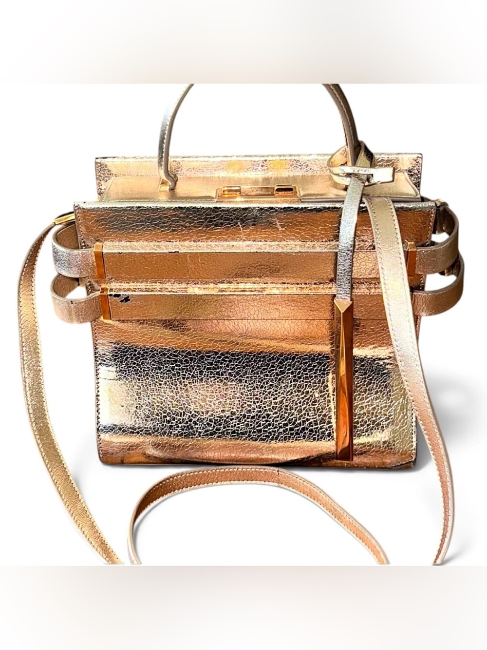 Ralph & Russo Metallic Rose Gold Leather Vault Bag Crossbody Top Handle